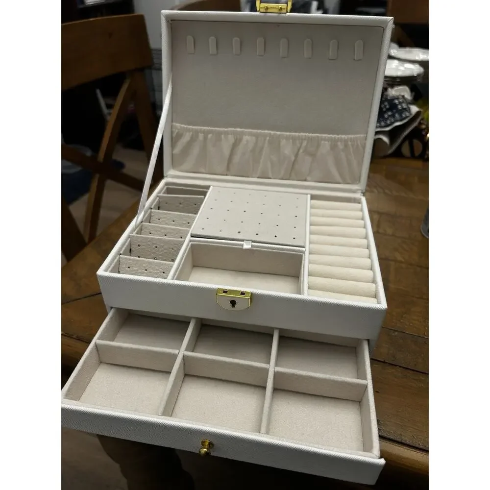 White Faux Leather Jewelry Box Organizer, Lockable 2-Drawer Velvet Lined